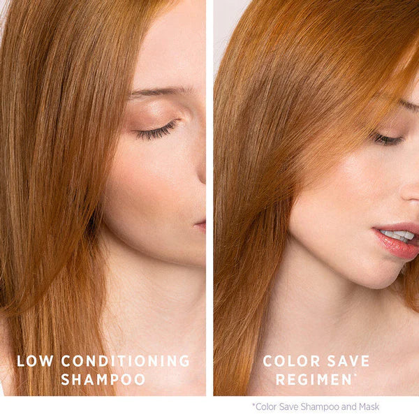 Before and after comparison of a woman's hair with 'Low Conditioning Shampoo' and 'Color Save Regimen'.