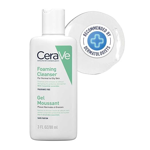 CeraVe Foaming Cleanser bottle with dermatologist recommendation label on a white background