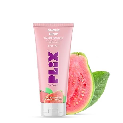 PLIX – The Plant Fix SPF 50+ Guava Glow Invisible Sunscreen | PA+++ | UV A, UV B & Blue Light Protection | With Ceramides, Vitamin C & Hyaluronic Acid | No White Cast | 50g PLIX