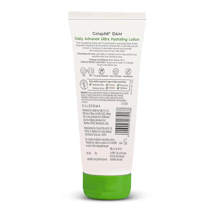 Cetaphil DAM Daily Advance Ultra Hydrating Lotion for Dry, Sensitive Skin| 30 g| Moisturizer with Shea Butter| Non-Greasy, Fragrance-Free| Paraben, Sulphate Free cetaphil