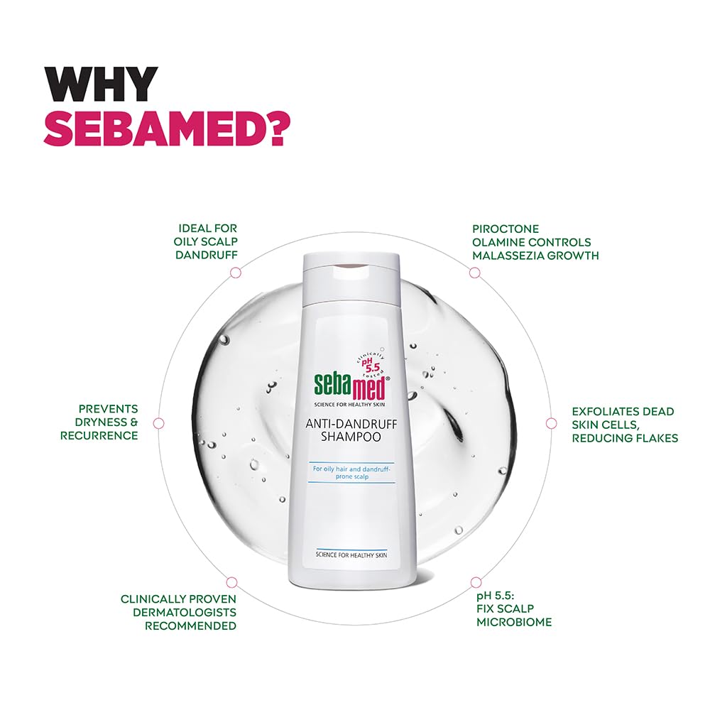 Sebamed Anti Dandruff Shampoo 200 ml | pH 5.5 | Controls Dandruff & Scalp Itching | Piroctone Olamine Formula | SLS, Paraben & Toxin Free