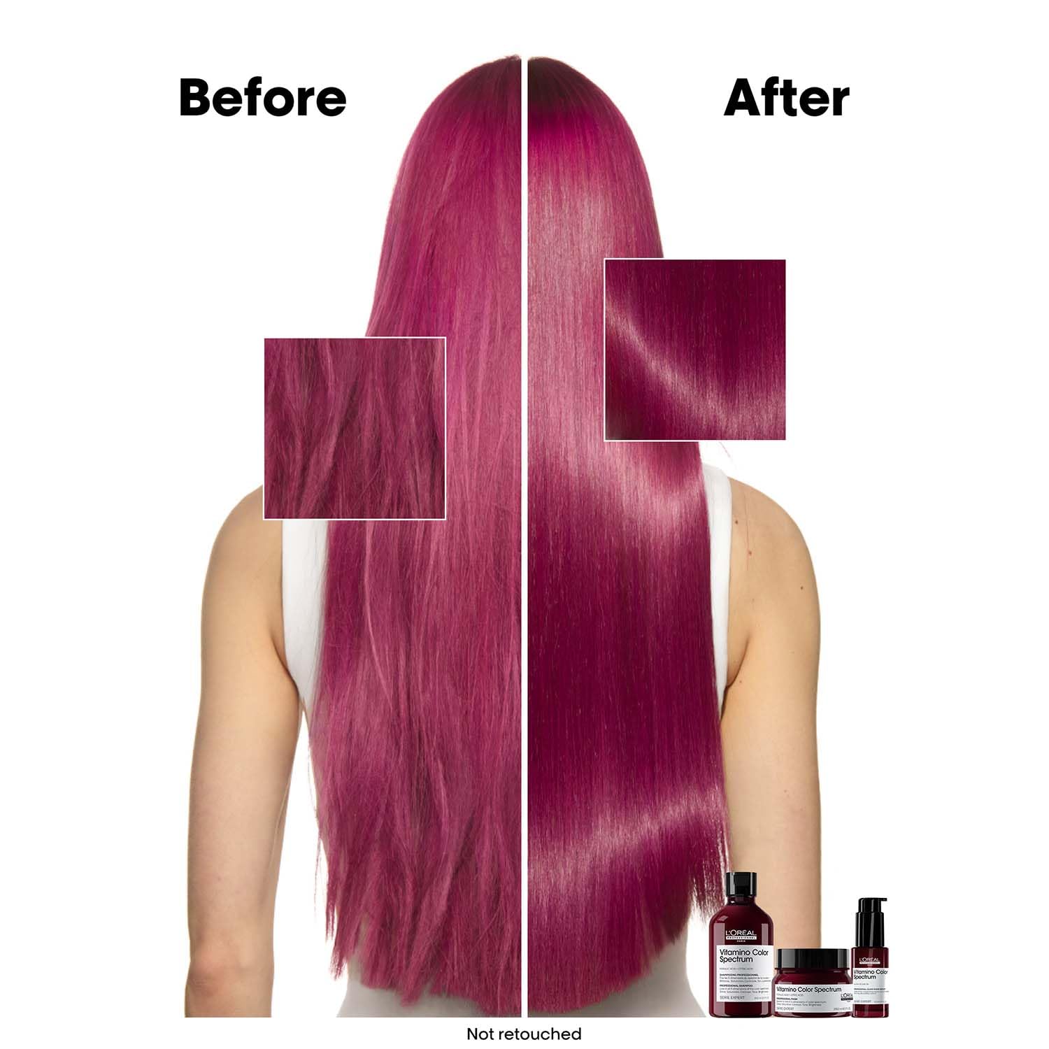 Before and after comparison of hair color with a product display.