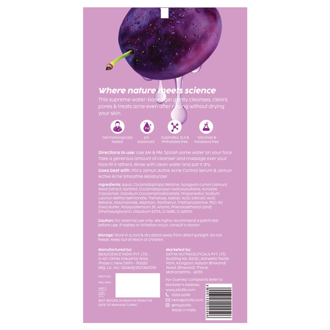 PLIX – The Plant Fix 0.5% Salicylic Acid Jamun Face Wash | Acne & Oil Control Cleanser Gel for Breakouts | For Oily & Acne-Prone Skin | Men & Women | 100ml PLIX