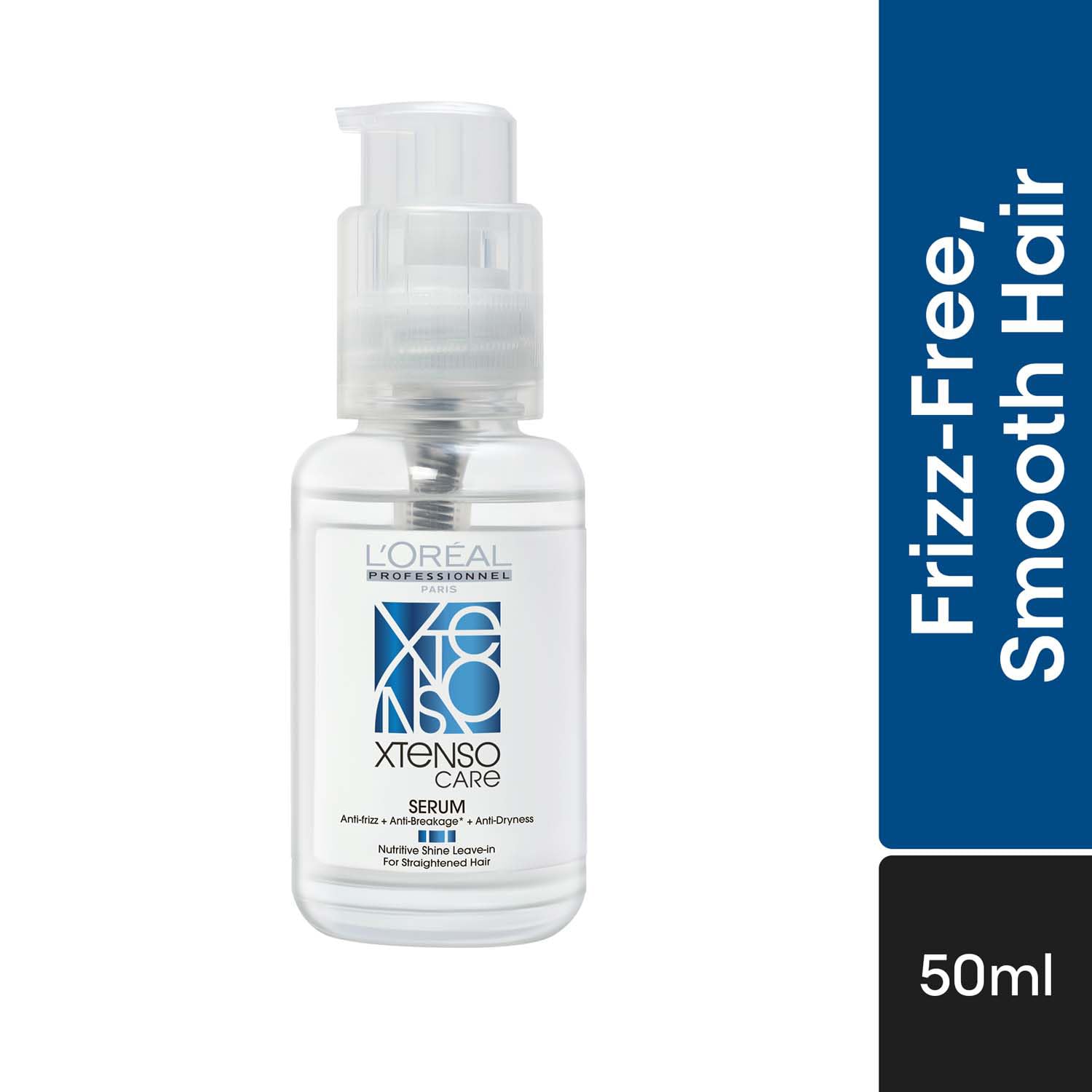 L'Oreal Xtenso Care serum bottle on a white background with blue text box.