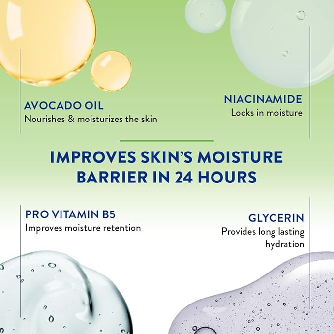 Skincare product ingredients with text on a green background