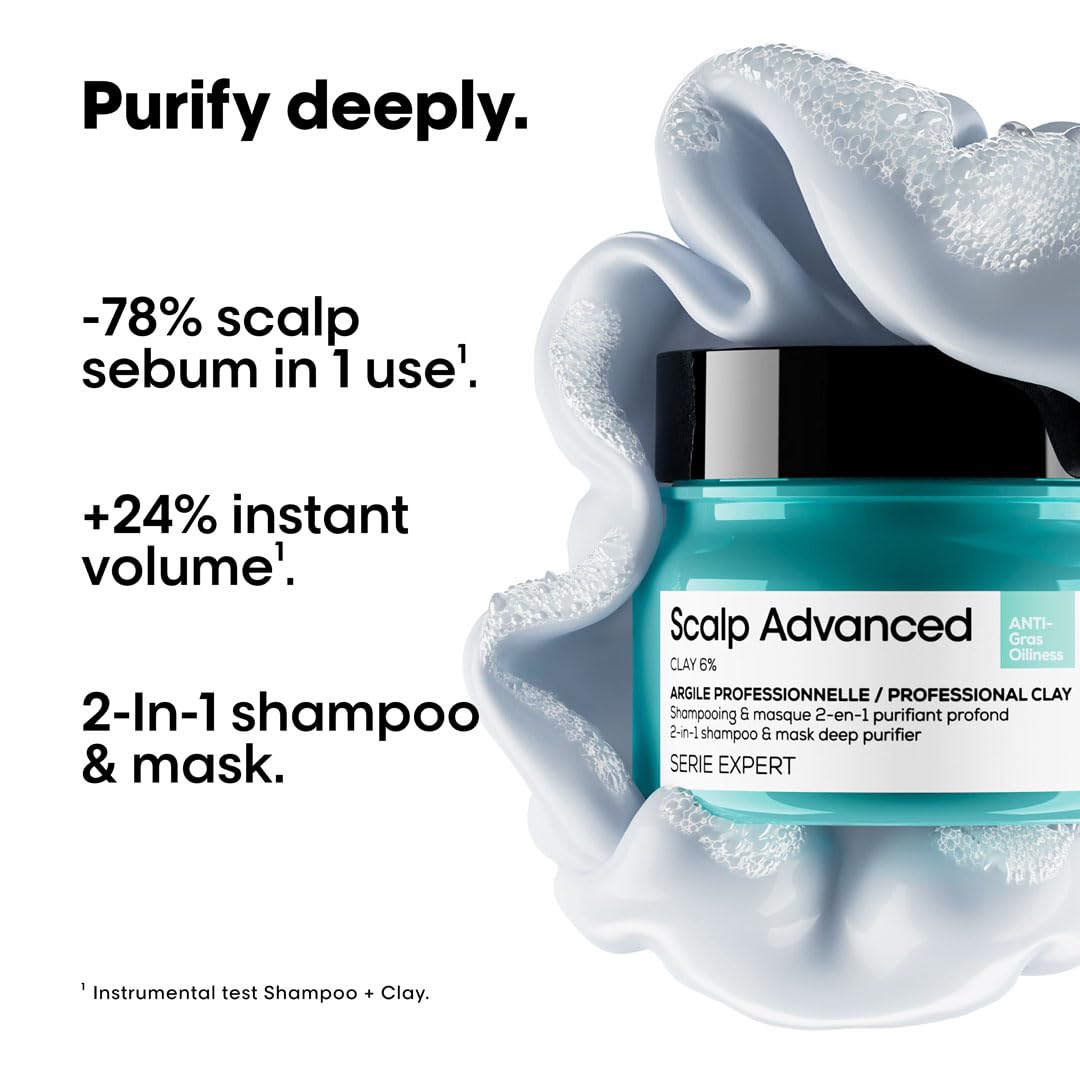 L’Oréal Professionnel Scalp Advanced Anti-Oiliness 2-in-1 Deep Purifier Clay 250 g | With 3% AHA + 6% Clay | Purifies Very Oily Scalps | For Men & Women Loreal Professional