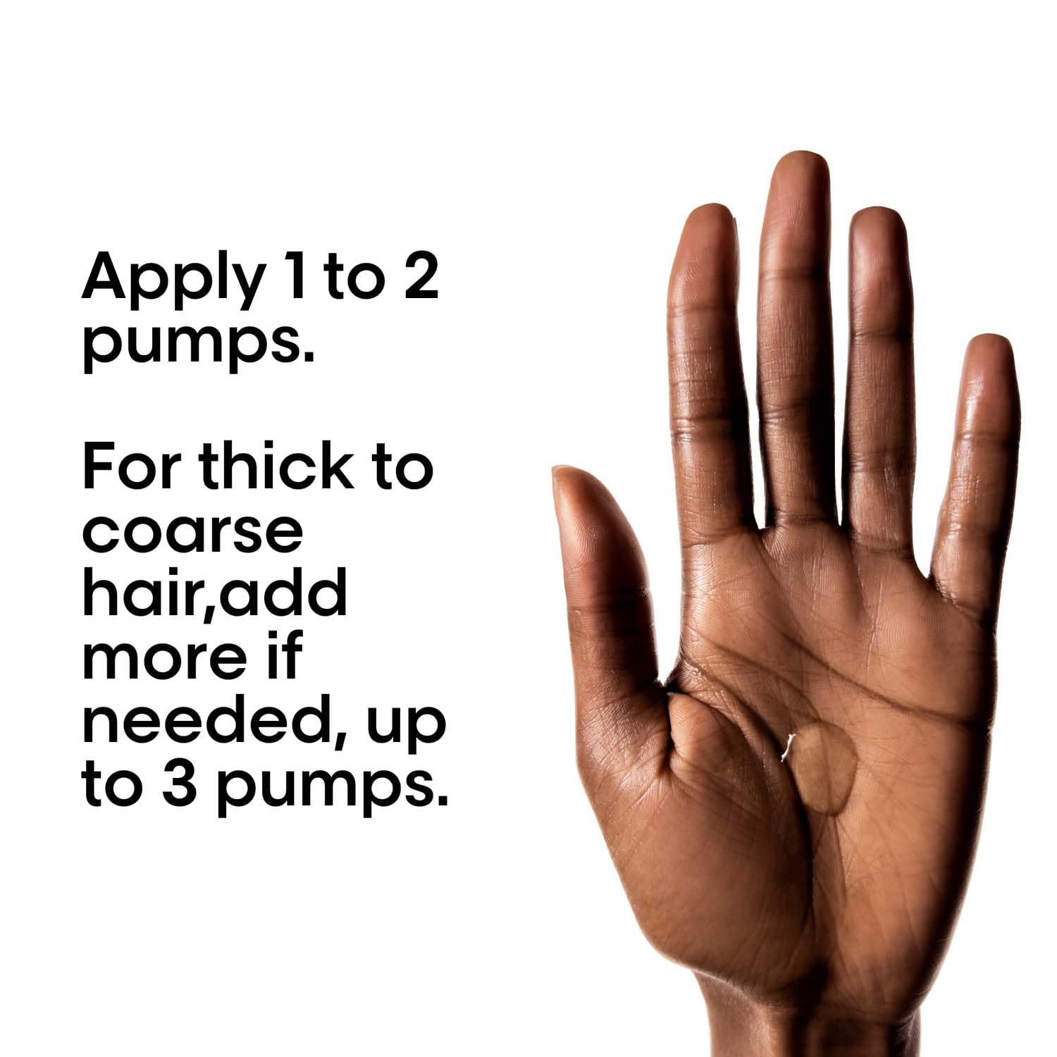 Hand with a small amount of product on the palm and text instructions on a white background