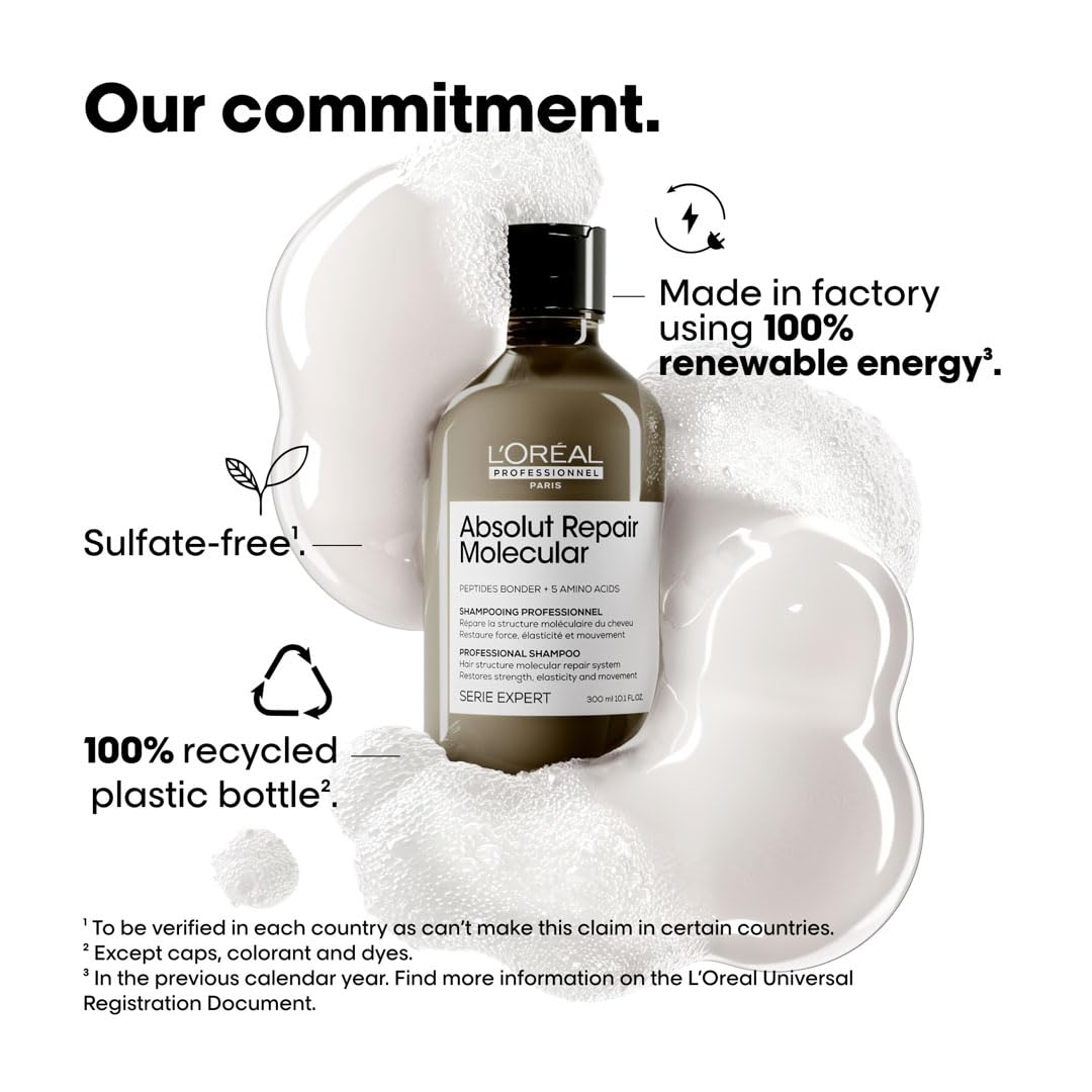 L'Oreal Absolut Repair Molecular shampoo bottle with sustainability features on a white background