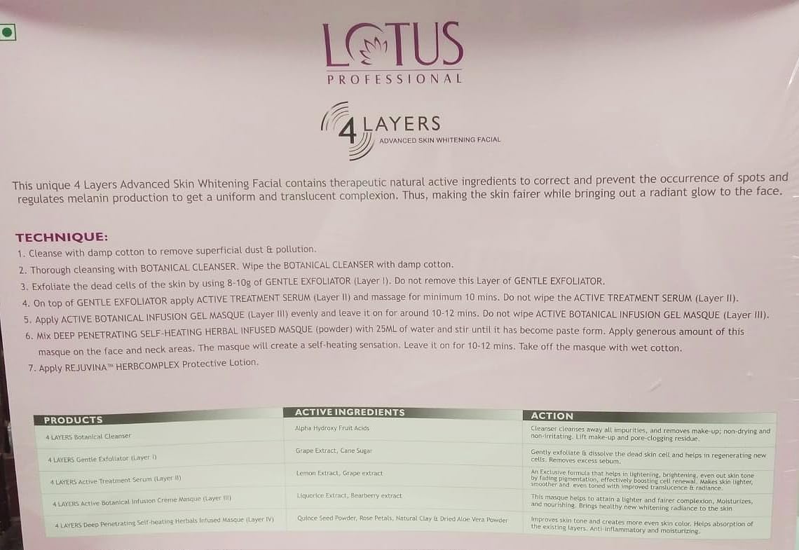 Lotus Professional 4 Layers Advanced Skin Whitening Facial packaging with text and branding.