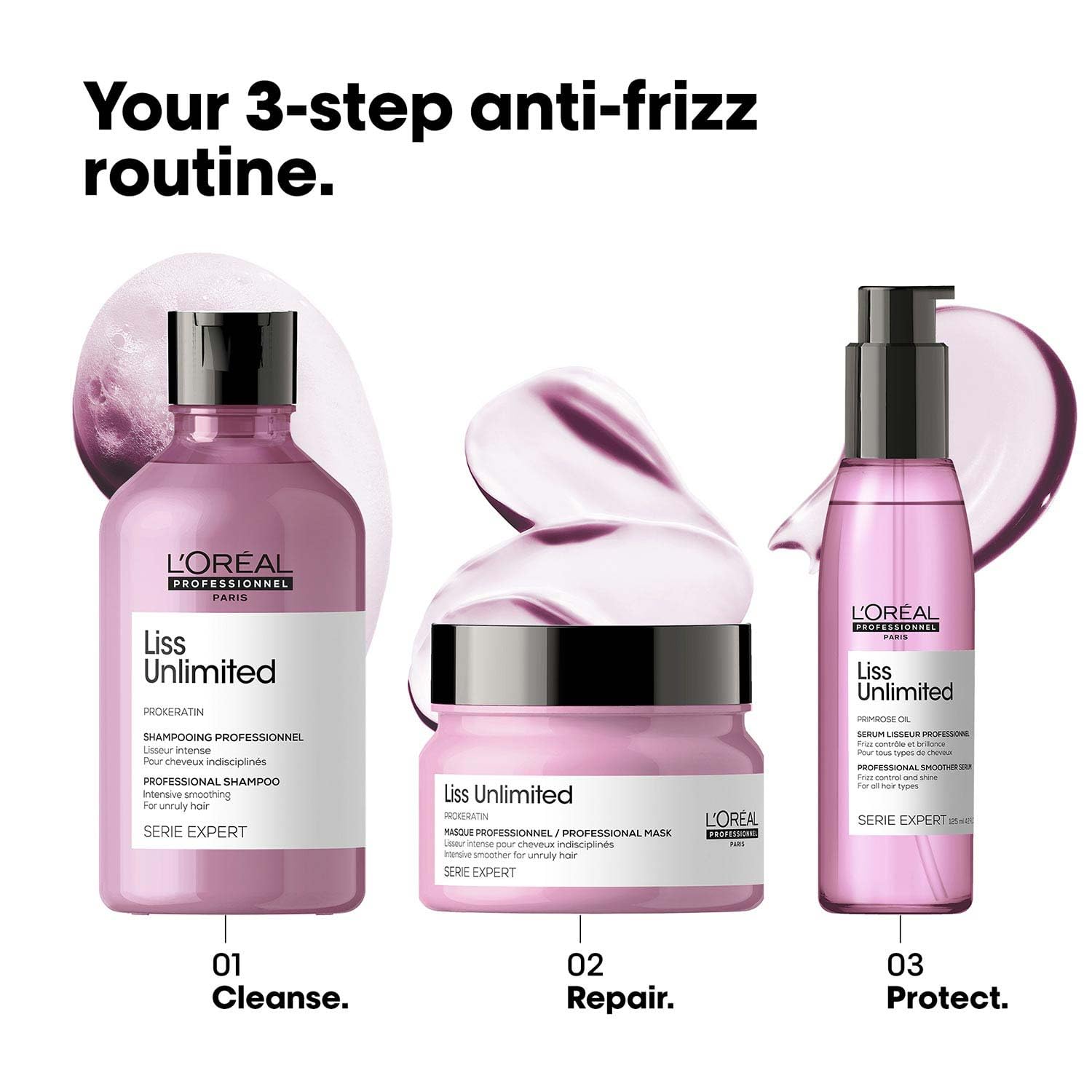 L'Oreal Liss Unlimited hair care products for an anti-frizz routine on a white background.