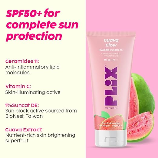 PLIX – The Plant Fix SPF 50+ Guava Glow Invisible Sunscreen | PA+++ | UV A, UV B & Blue Light Protection | With Ceramides, Vitamin C & Hyaluronic Acid | No White Cast | 50g PLIX