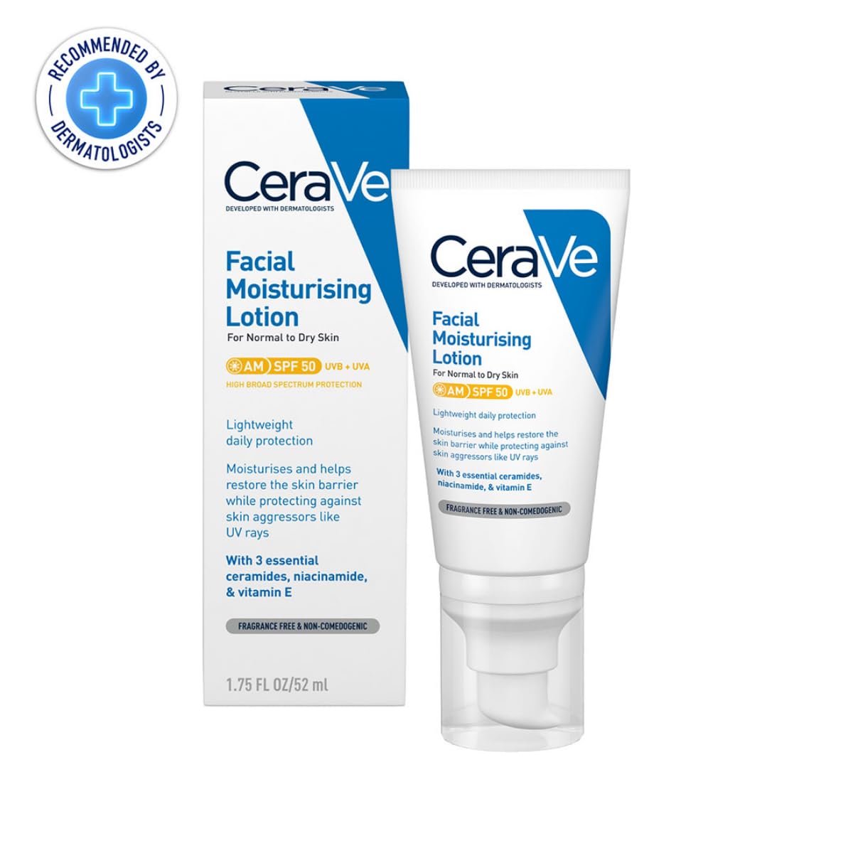 Cerave AM Facial Moisturizing Lotion With Sunscreen SPF 50 UVB + UVA, Dermatologist Recommended Day Cream (52ml) CeraVe