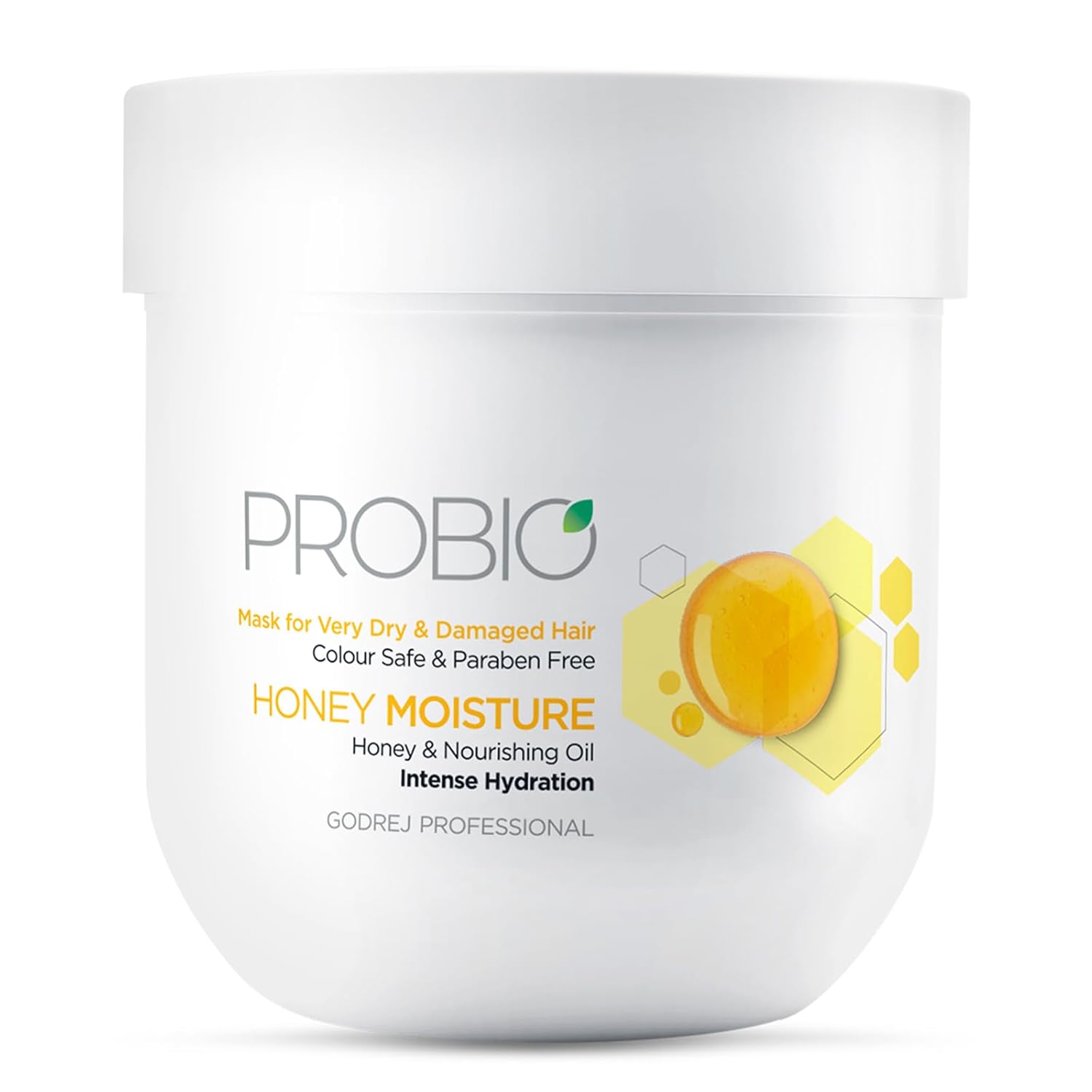 White jar of ProBio Honey Moisture hair mask on a white background