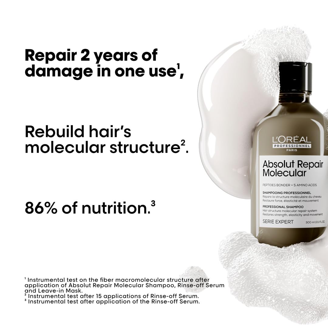 L'Oreal Serie Expert Absolut Repair Molecular shampoo bottle with text highlighting its hair repair benefits.