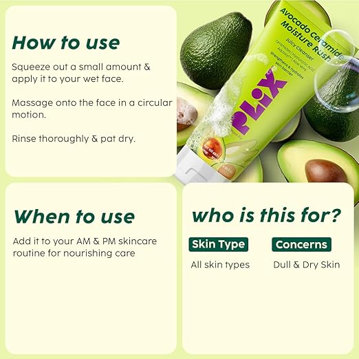 PLIX – The Plant Fix Avocado Ceramide Moisture Rush Juicy Cleanser | Hydrating & Nourishing Face Wash with Ceramides | Gentle Cleanser for Sensitive Skin | Unisex | 100ml PLIX