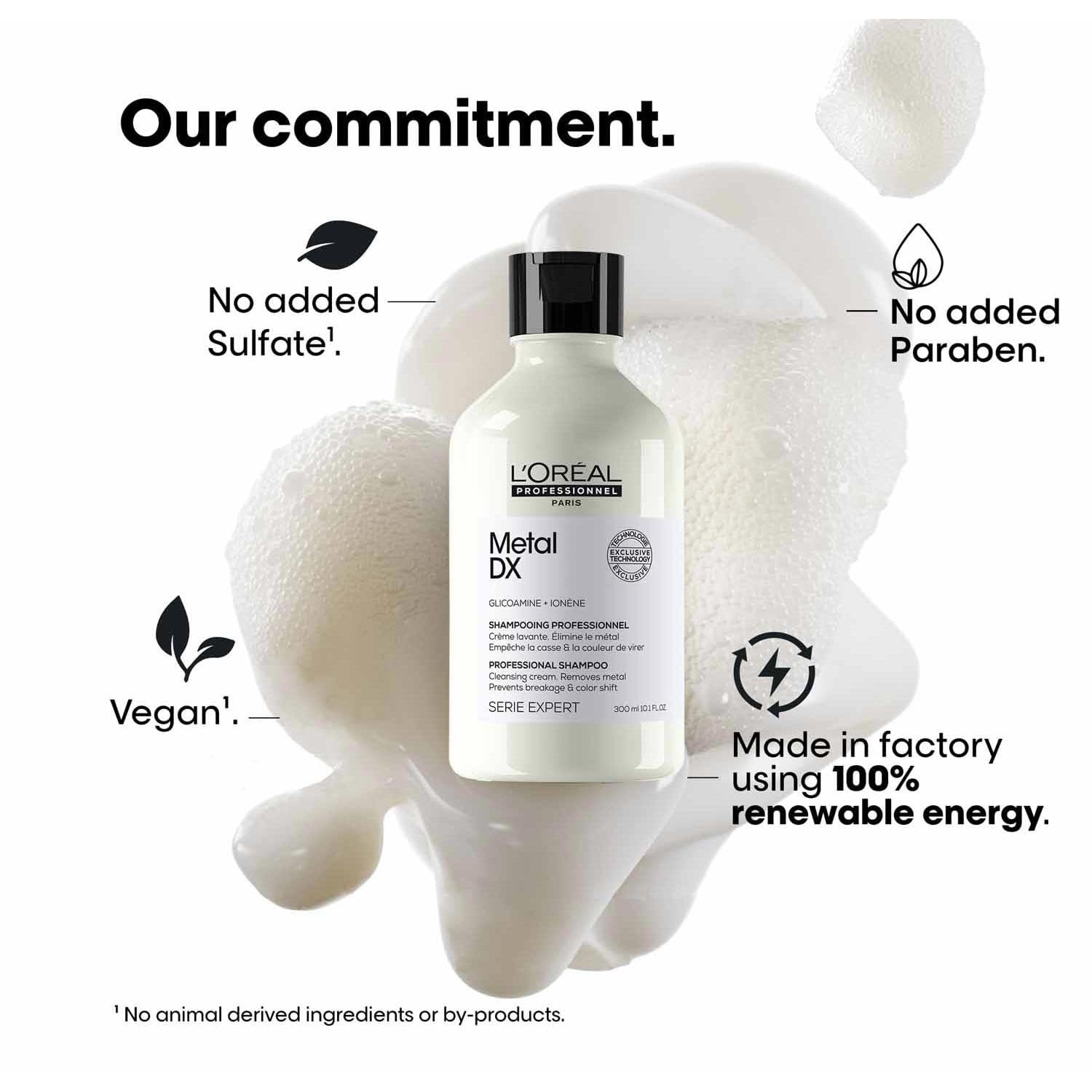 L'Oreal Metal DX shampoo bottle with sustainability features on a white background