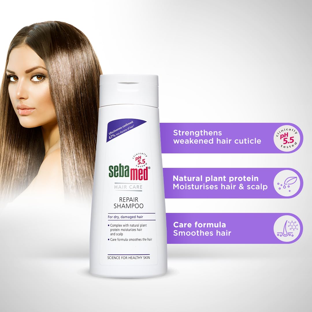 Sebamed Hair Repair Shampoo 200 ml | pH 5.5 | Reduces Hair Dryness by 47% | Plant Protein for Dry & Damaged Hair | Dermatologically Tested | SLS & Paraben Free Sebamed