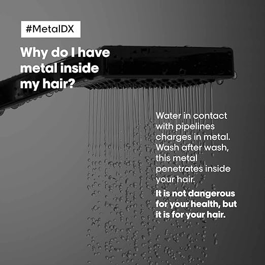 Shower head with water droplets and text about metal in hair, branded '#MetalIDX'.