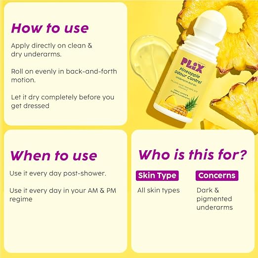 PLIX – The Plant Fix Pineapple Underarm Roll-On | 5% Lactic Acid + 1% Mandelic Acid | Odour Control, Brightening & Exfoliating | Alcohol-Free | 50ml PLIX