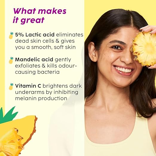 PLIX – The Plant Fix Pineapple Underarm Roll-On | 5% Lactic Acid + 1% Mandelic Acid | Odour Control, Brightening & Exfoliating | Alcohol-Free | 50ml PLIX