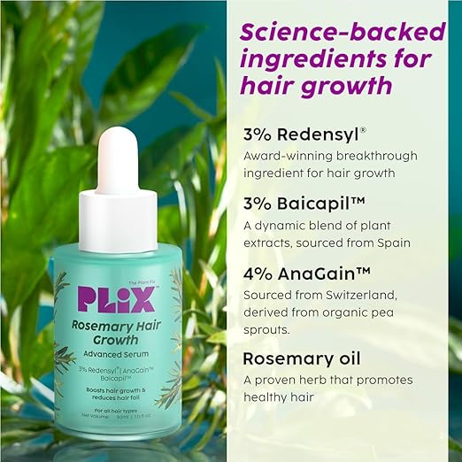 PLIX – The Plant Fix Rosemary Hair Growth Serum | 3% Redensyl + 4% AnaGain + 3% Baicapil | Boosts Hair Density, Reduces Hair Fall & Promotes Growth | 30ml PLIX
