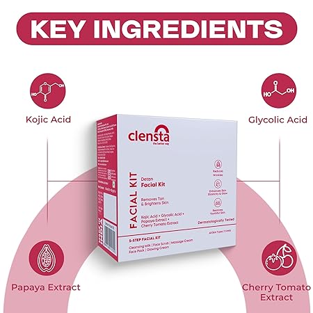 Clensta DETAN Facial Kit For Women & Men, With Kojic Acid & Papaya Extract For Tan Removal & Brightening Skin For All Skin Types| Size - 10 X 5gm | Cleansing Milk, Face Scrub, Massage Cream, Face Mask & Glowing Cream | NEW LAUNCH