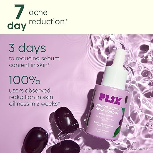 PLIX – 2% Salicylic Acid Jamun Acne Control Dewy Serum | Reduces Active Acne, Dark Spots & Breakouts | With Caffeine | 30ml PLIX