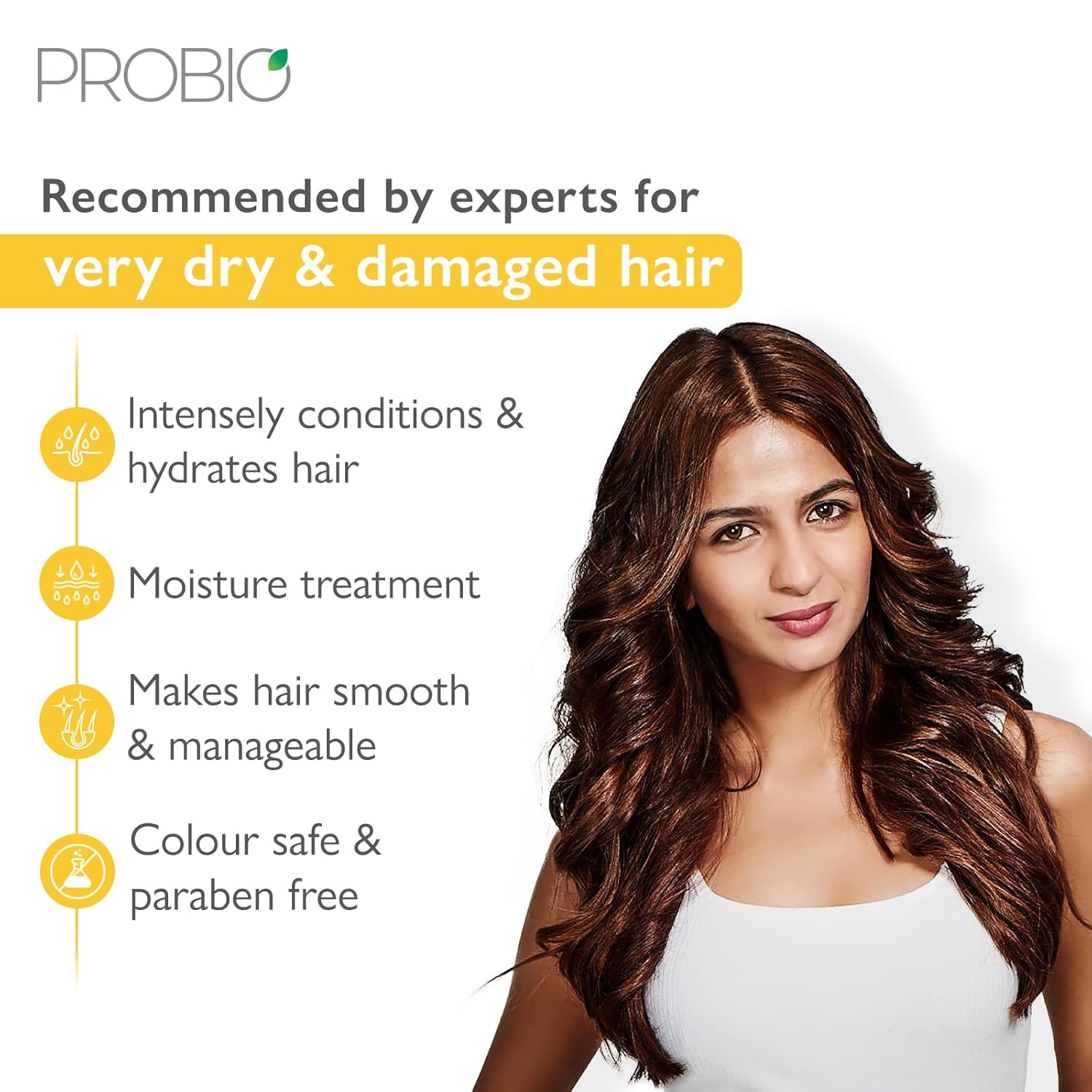 Woman with long, healthy hair next to ProBio product description on a white background