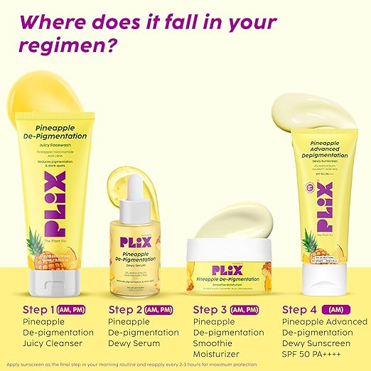 PLIX – The Plant Fix Pineapple Advanced Depigmentation Dewy Sunscreen | SPF 50 PA++++ | Alpha Arbutin & Aquaxyl | Hydrating & Anti-Pigmentation | 50g PLIX