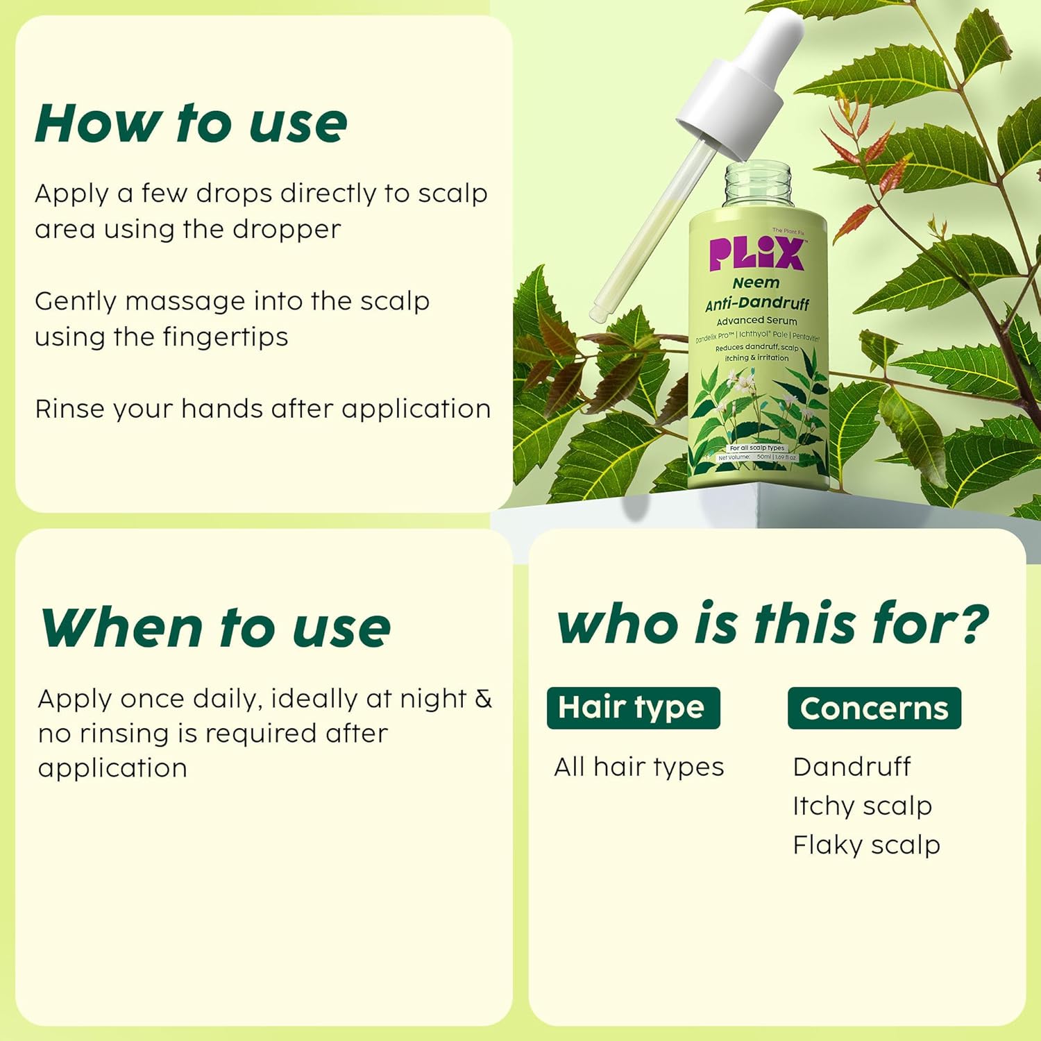 PLIX – The Plant Fix Neem Anti-Dandruff Advanced Serum | 3% Dandelix Pro™ & Ichthyol® Pale | Quick Absorbing, Non-Greasy & Lightweight Formula | 50ml PLIX
