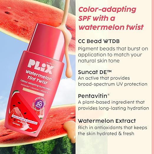 PLIX – The Plant Fix Watermelon Tint Twist Color-Adapting Sunscreen SPF 50 PA++++ | Light Coverage & Instant Glow | With Pentavitin® & Suncat DE™ | Tan Repair & Sun Protection | Light Golden Glow | Unisex PLIX