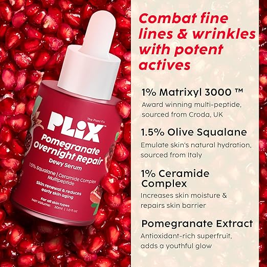 PLIX – The Plant Fix Pomegranate Overnight Repair Dewy Serum | Anti-Aging, Collagen Boosting, Reduces Fine Lines & Wrinkles | Hydrating Night Serum | 30ml PLIX
