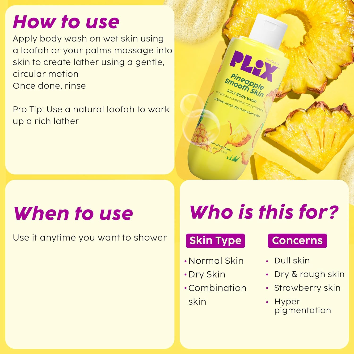 PLIX – Pineapple 5% Lactic Acid Exfoliating Body Wash | Smoothes Dry, Rough & Strawberry Skin | Paraben-Free Shower Gel | For All Skin Types | 236ml PLIX