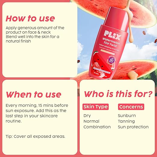 PLIX – The Plant Fix Watermelon Tint Twist Color-Adapting Sunscreen SPF 50 PA++++ | Light Coverage & Instant Glow | With Pentavitin® & Suncat DE™ | Tan Repair & Sun Protection | Light Golden Glow | Unisex PLIX