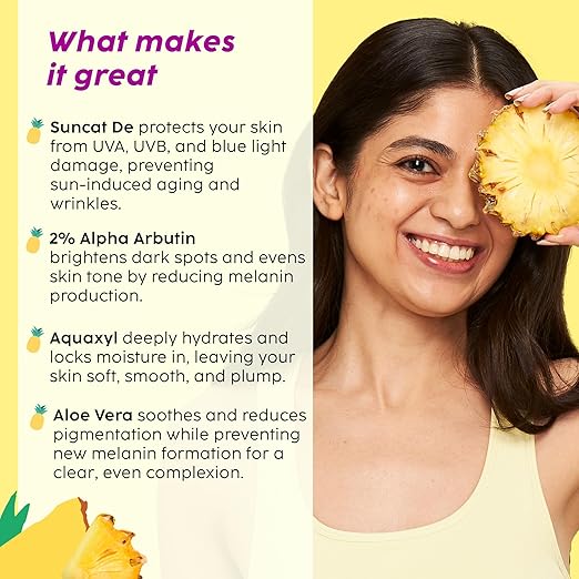 PLIX – The Plant Fix Pineapple Advanced Depigmentation Dewy Sunscreen | SPF 50 PA++++ | Alpha Arbutin & Aquaxyl | Hydrating & Anti-Pigmentation | 50g PLIX