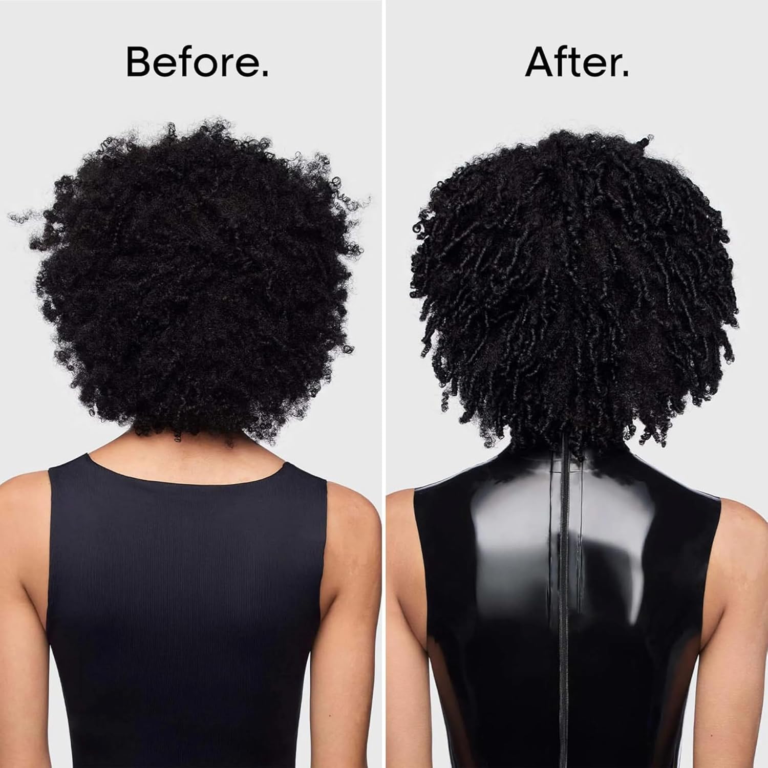 Before and after comparison of a person's hair transformation with a black sleeveless top.