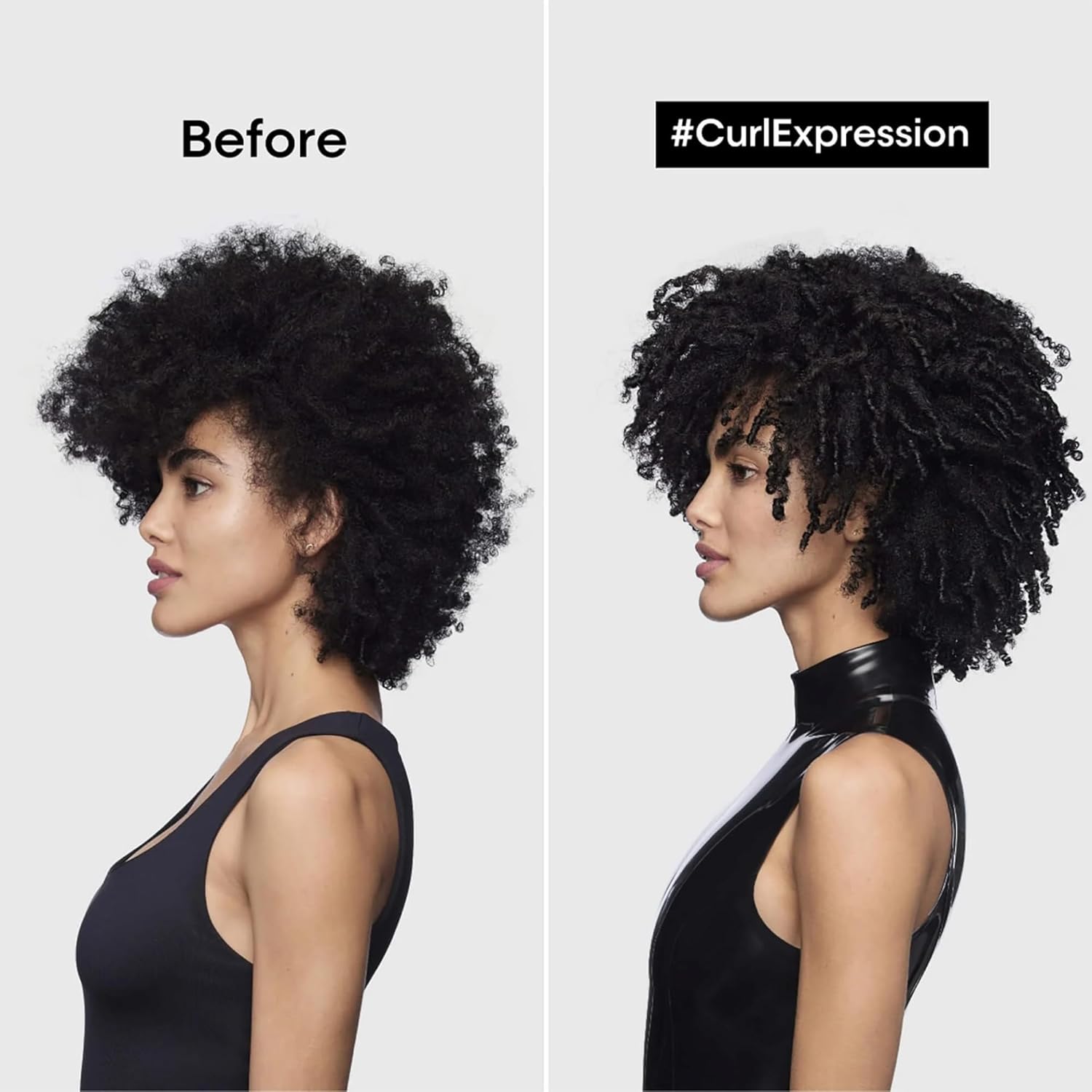 Before and after comparison of a woman's hair styled with '#CurlExpression' on a plain background.