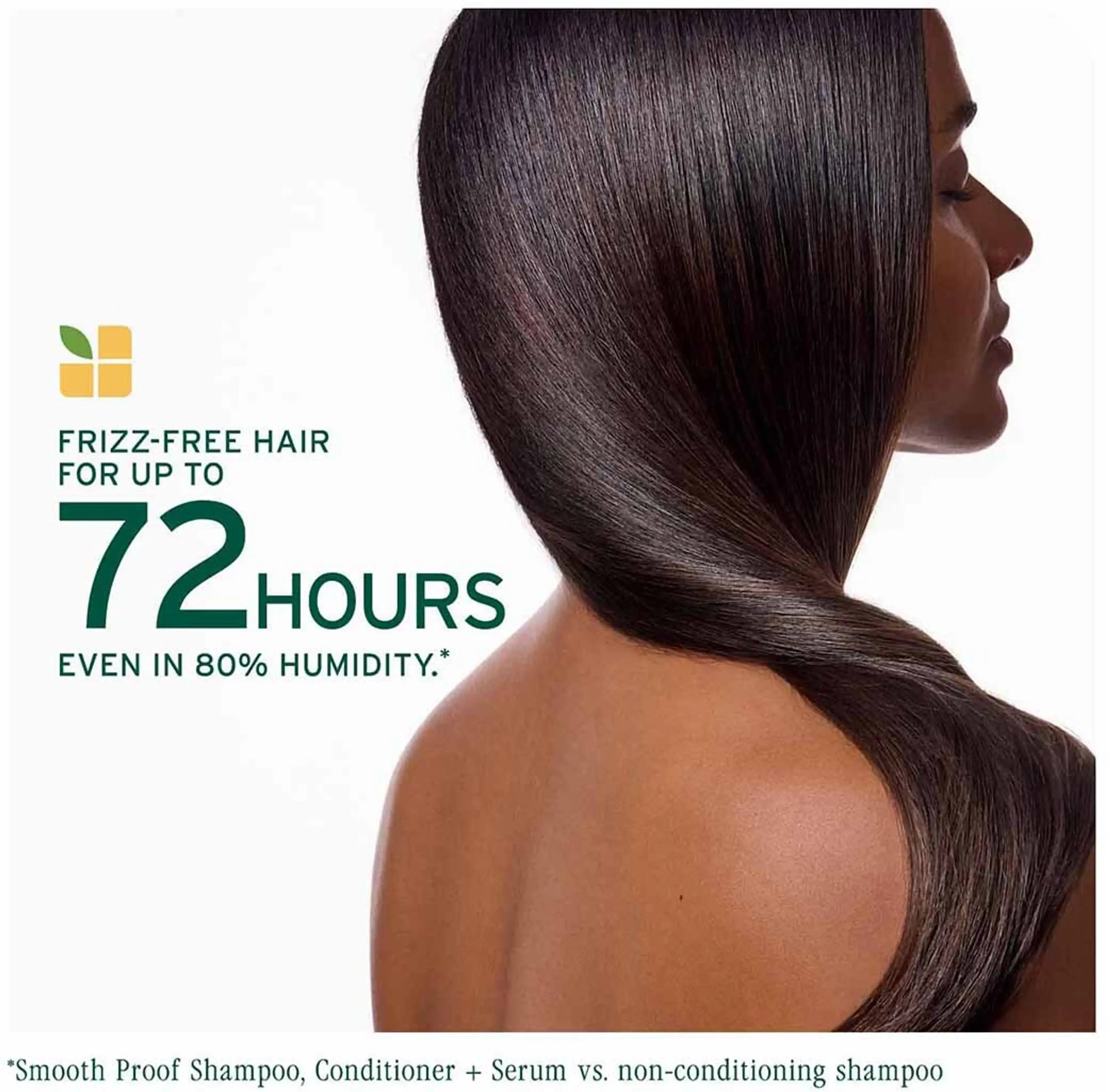 Advertisement for hair care product with a woman's long, straight hair and text about frizz-free hair duration.