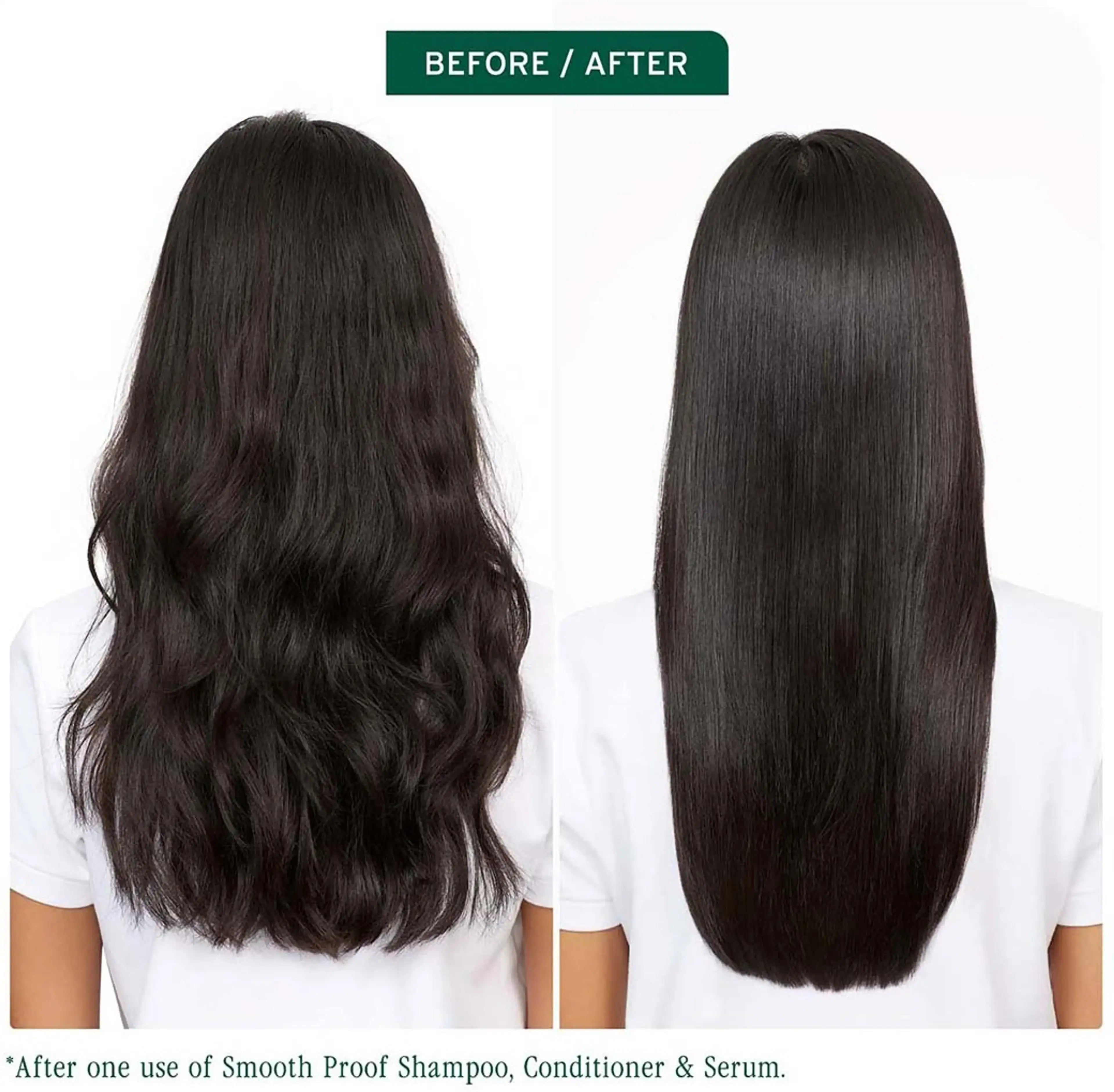 Before and after comparison of hair using Smooth Proof Shampoo, Conditioner & Serum.