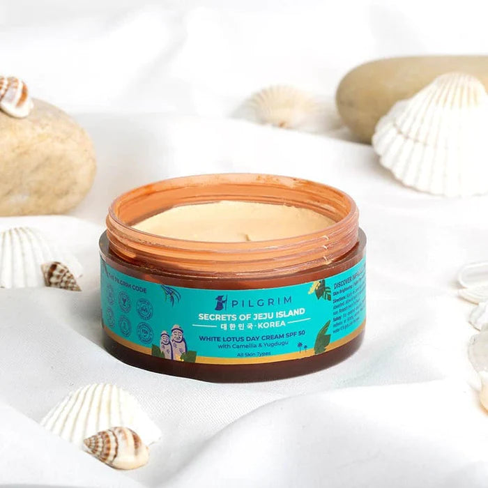 PILGRIM WHITE LOTUS DAY CREAM SPF 50 - WITH CAMELIA & YUGDUGU 100GM - Niram Global Private Limited