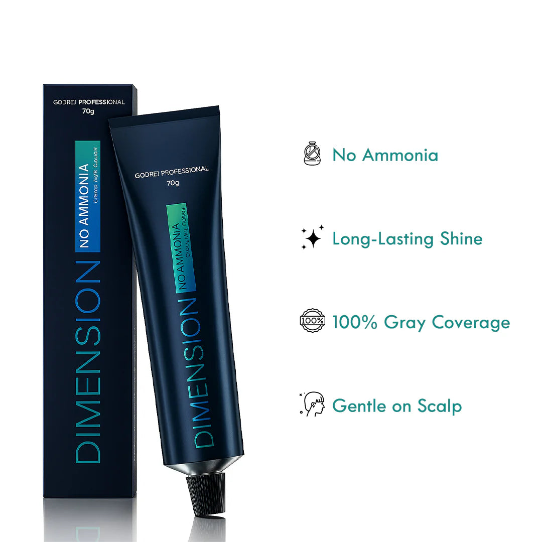 Dimension hair color tube and packaging with product features on a white background