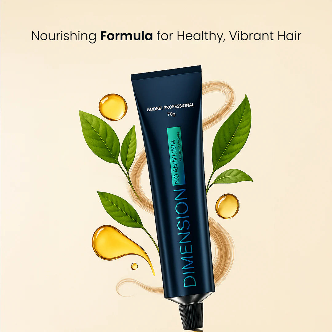 Hair care product tube with leaves and oil droplets on a beige background