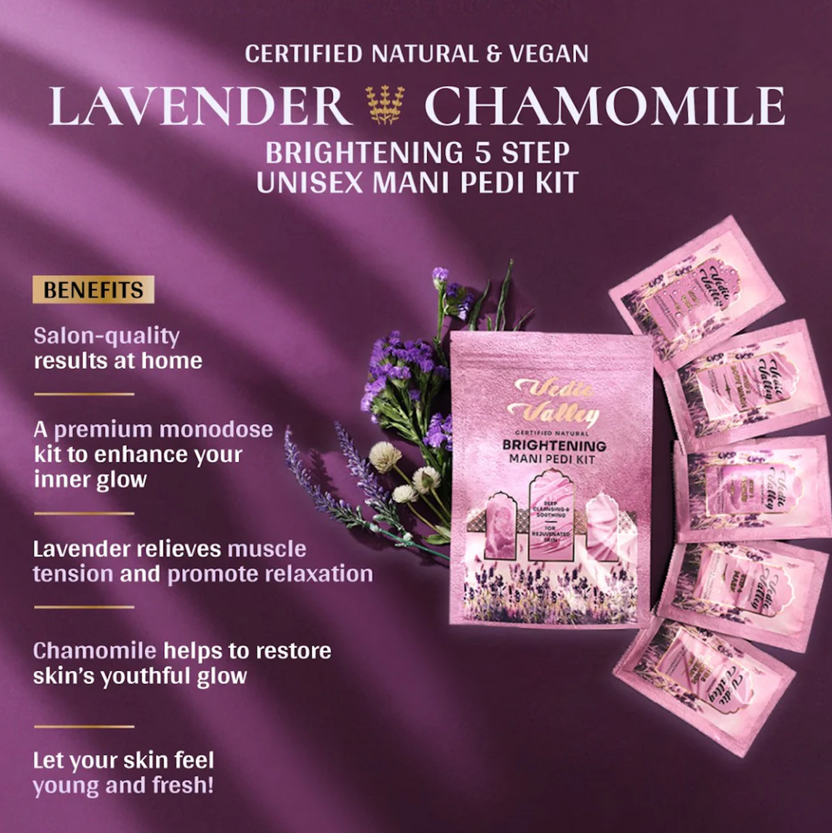 Lavender Chamomile brightening mani pedi kit with packaging and sachets on a purple background