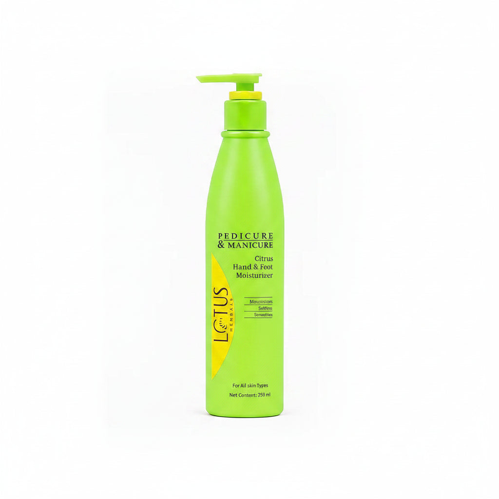 A bright lime green bottle of Pedicure & Manicure Citrus Hand & Foot Moisturiser with a matching pump dispenser, shown next to a green label indicating 'Citrus Hand & Foot Moisturiser' and a black box showing '250 ml'.