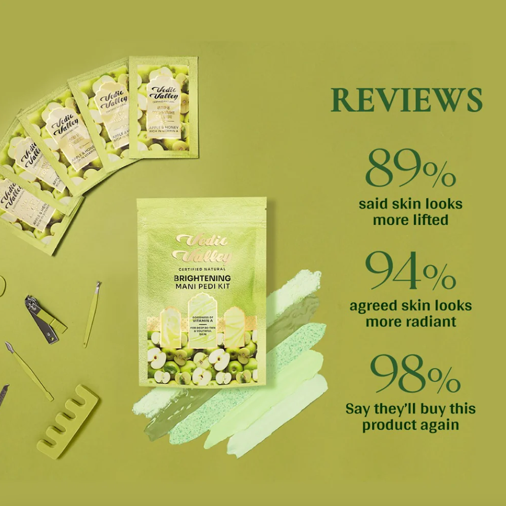 Manicure and pedicure kit with positive review statistics on a green background