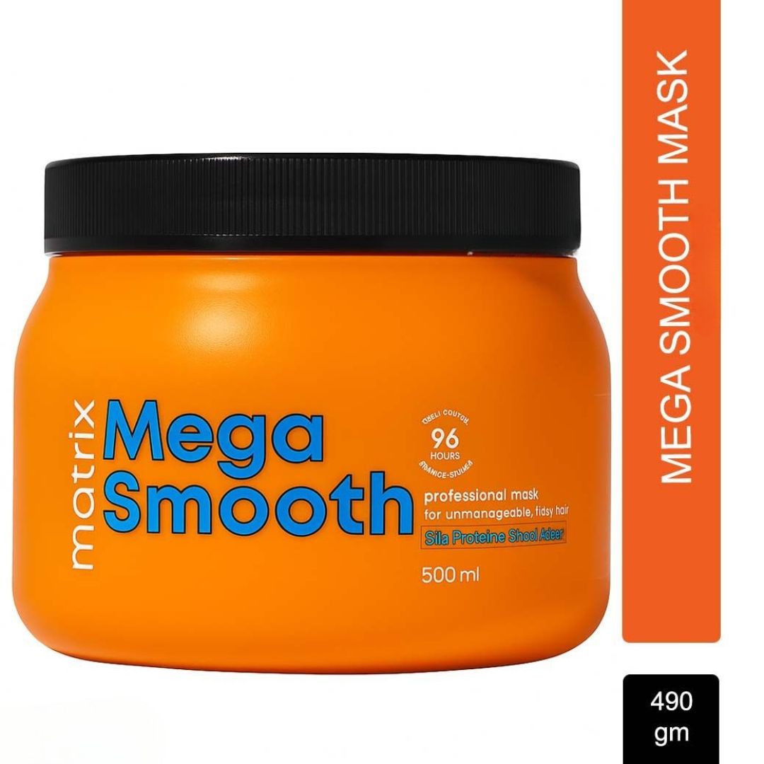 Orange jar of Matrix Mega Smooth hair mask with black lid on a white background