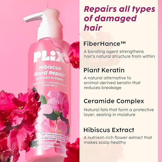 PLIX The Plant Fix Hibiscus Bond Repair Advanced Shampoo – 200ml | Restores Damaged & Frizzy Hair | Strengthens Molecular Structure with Fiberhance & Hibiscus Extract | For Men & Women PLIX
