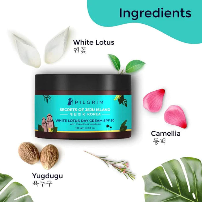 PILGRIM WHITE LOTUS DAY CREAM SPF 50 - WITH CAMELIA & YUGDUGU 100GM - Niram Global Private Limited
