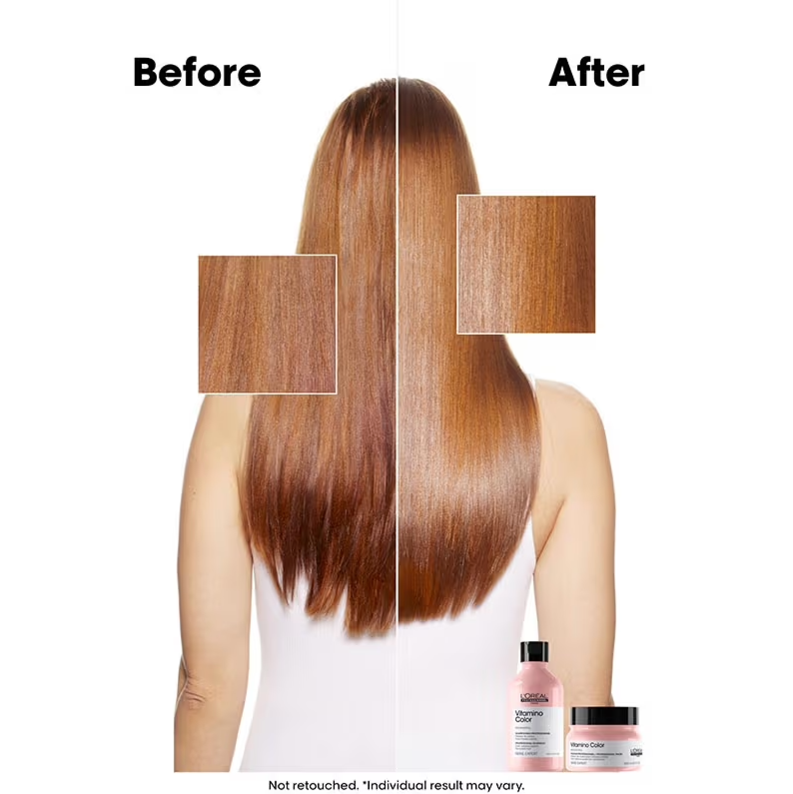 Before and after comparison of hair treatment with a bottle of product on a white background