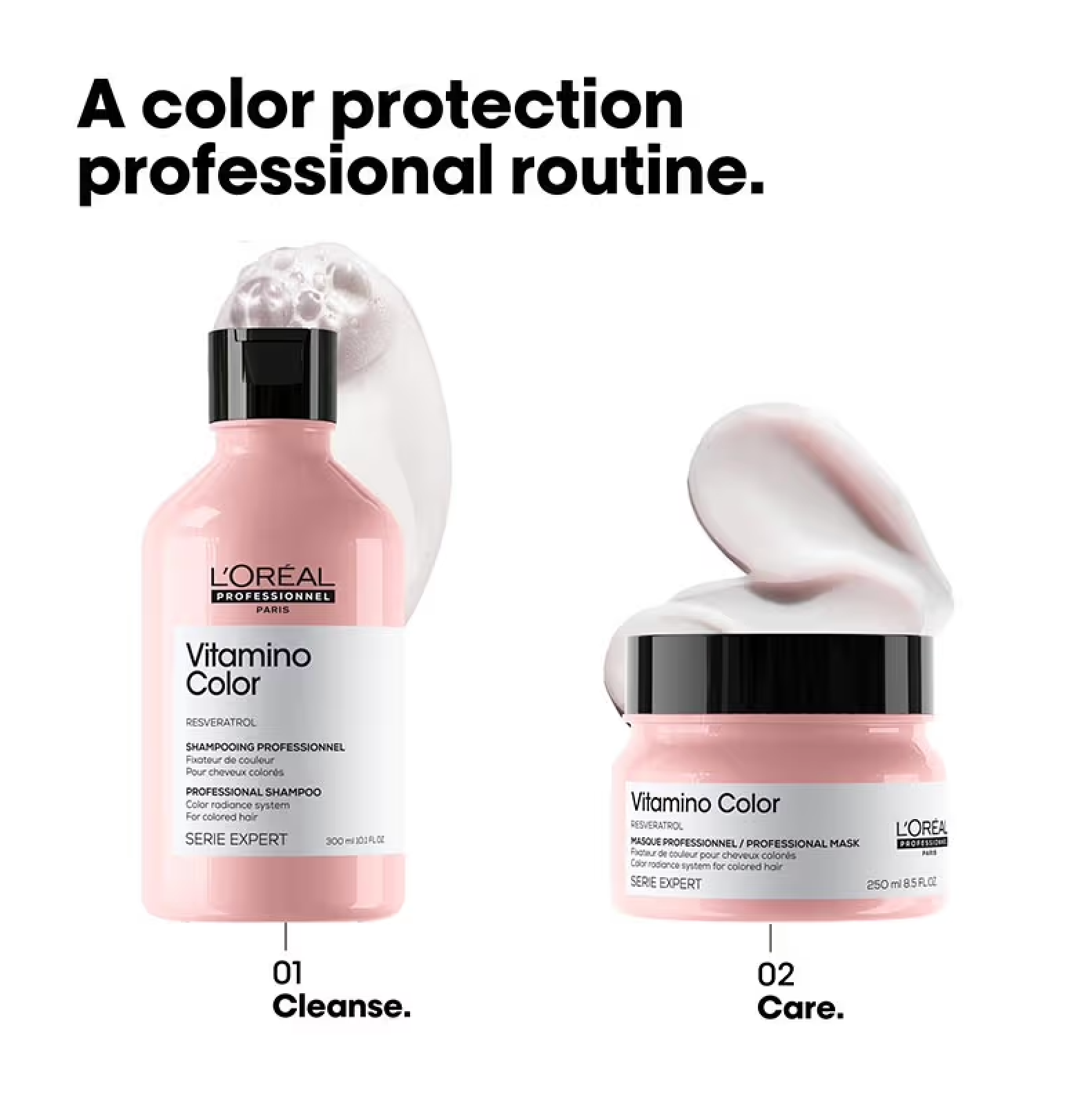 L'Oreal Vitamino Color shampoo and mask with text on a white background